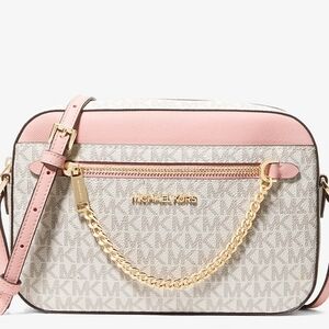 Michael Kors Pink and Cream Logo Crossbody Bag With Matching Powder Blush Wallet